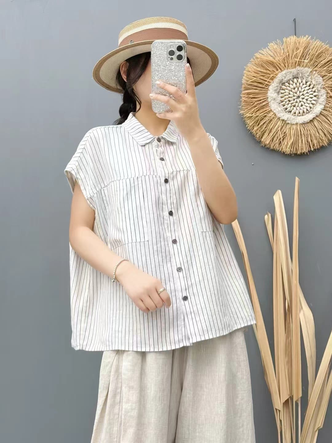 ストライプシャツ ノースリーブ細縞ゆったりシャツ