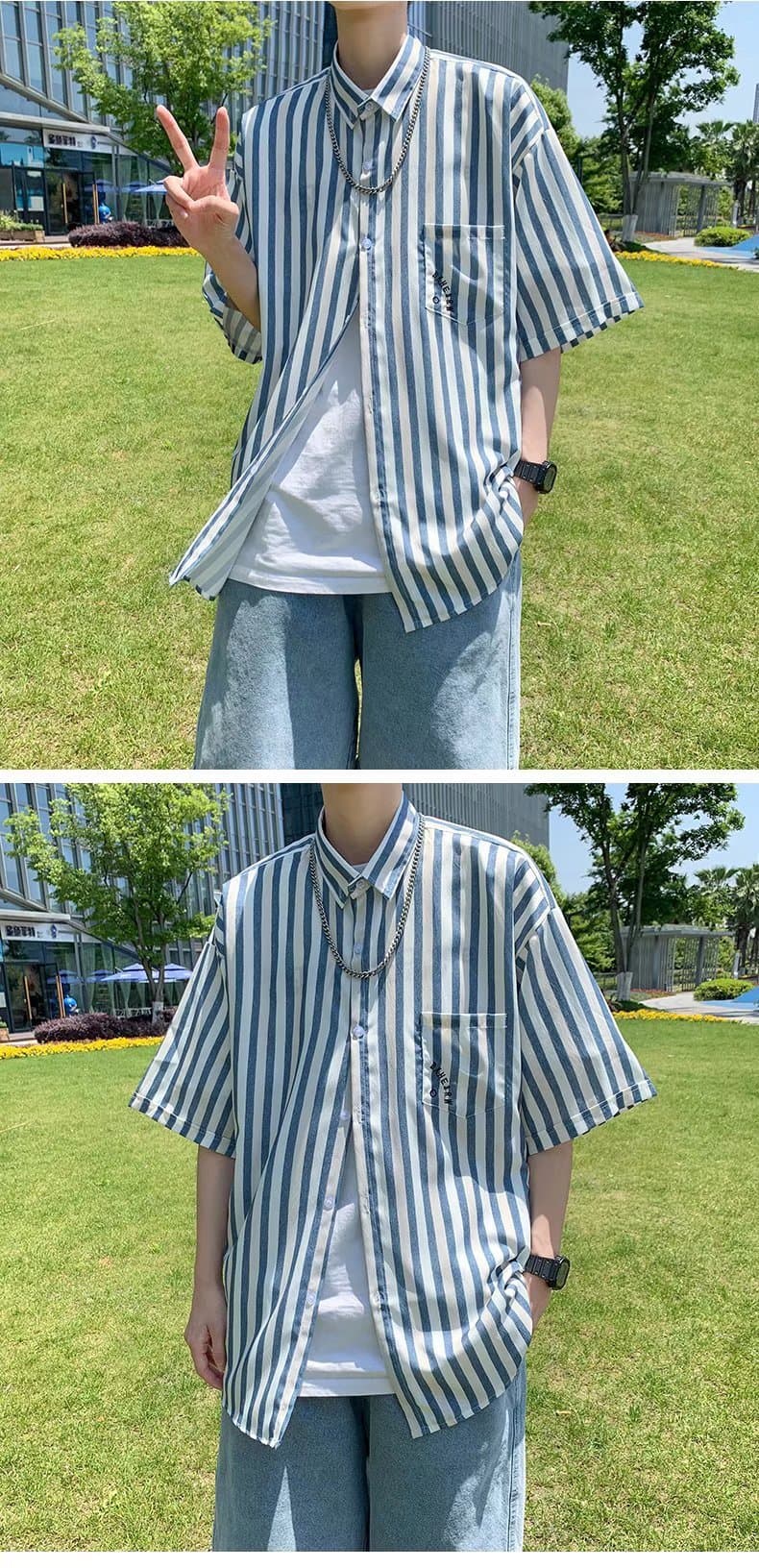 ストライプシャツ ゆったり半袖ストライプシャツ