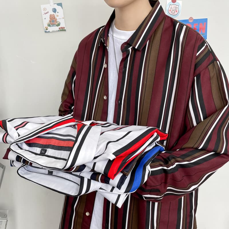 ストライプ シャツ 縦縞柄ゆったりシルエット長袖シャツ