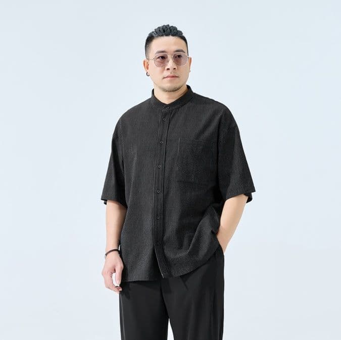 ストライプシャツ 立ち襟ストライプ半袖シャツ
