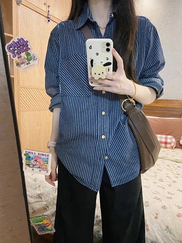ストライプ シャツ ゆったりストライプロング丈シャツ
