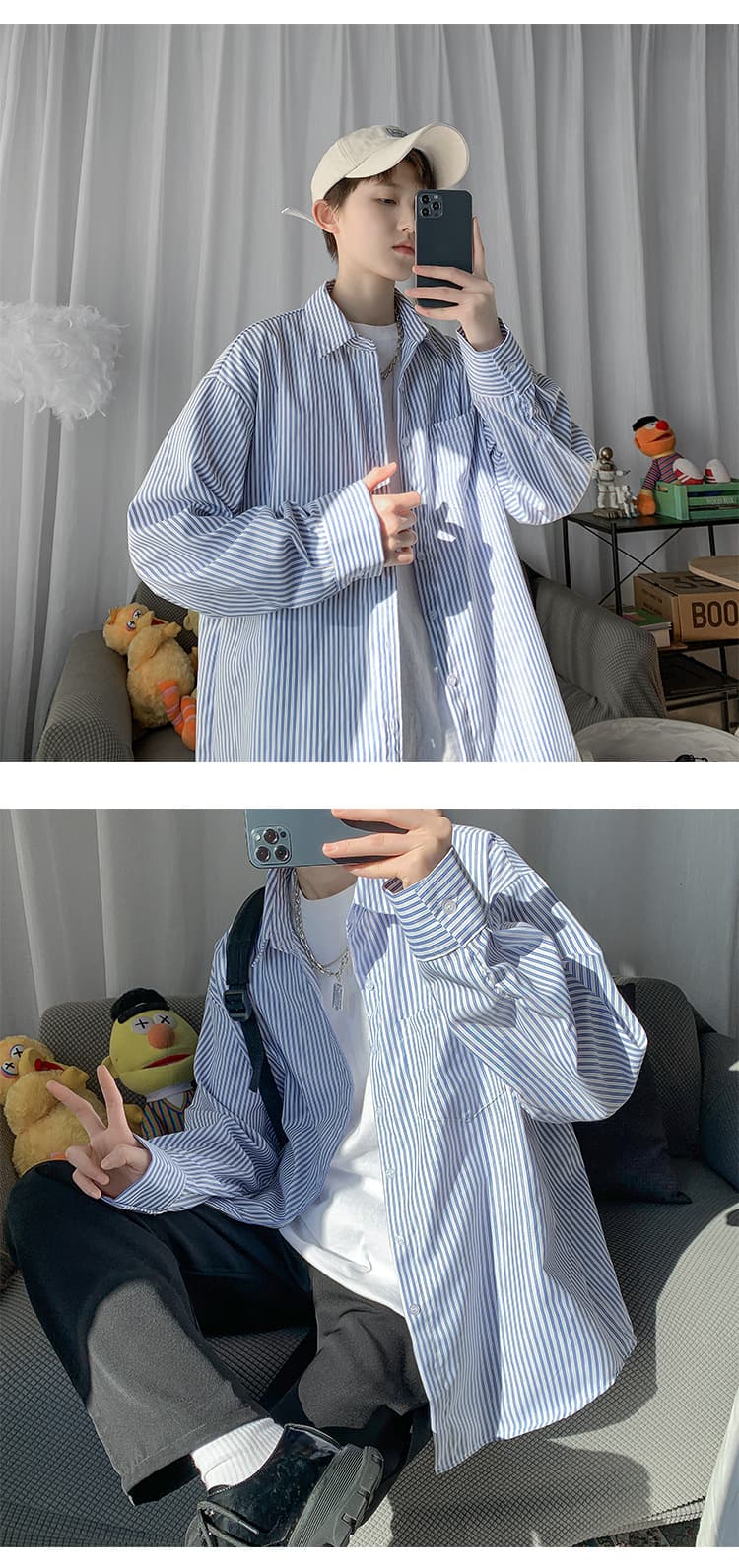 ストライプシャツ ゆったりシルエット縦縞メンズシャツ