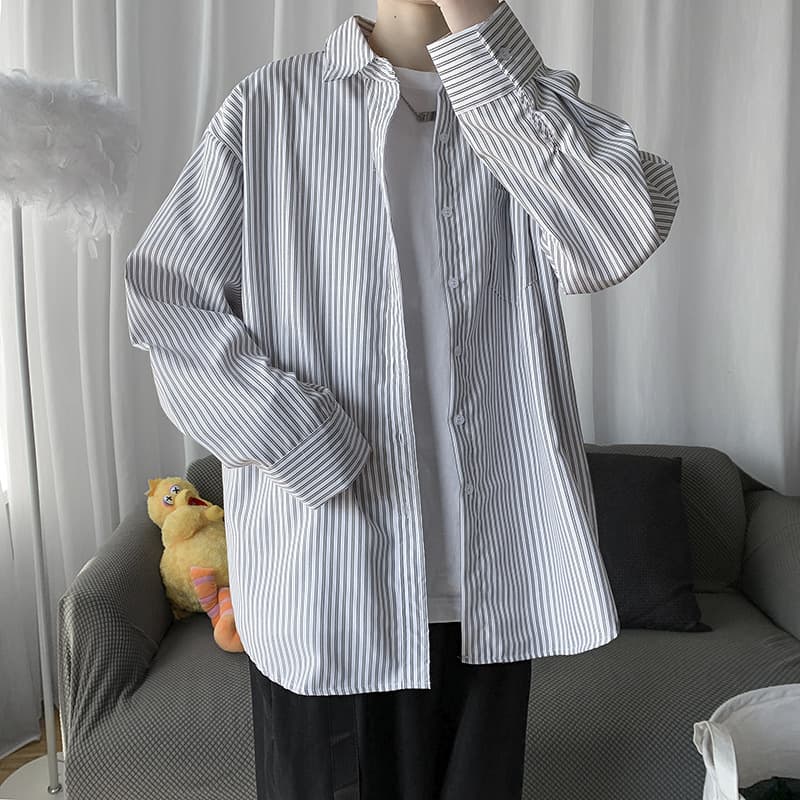 ストライプシャツ ゆったりシルエット縦縞メンズシャツ
