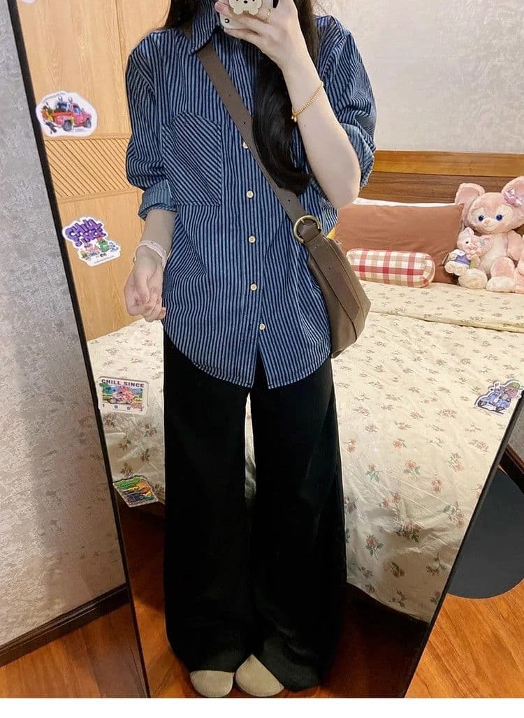 ストライプ シャツ ゆったりストライプロング丈シャツ