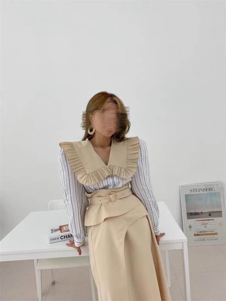 ストライプシャツ レトロ風フリル襟ストライプ長袖シャツ