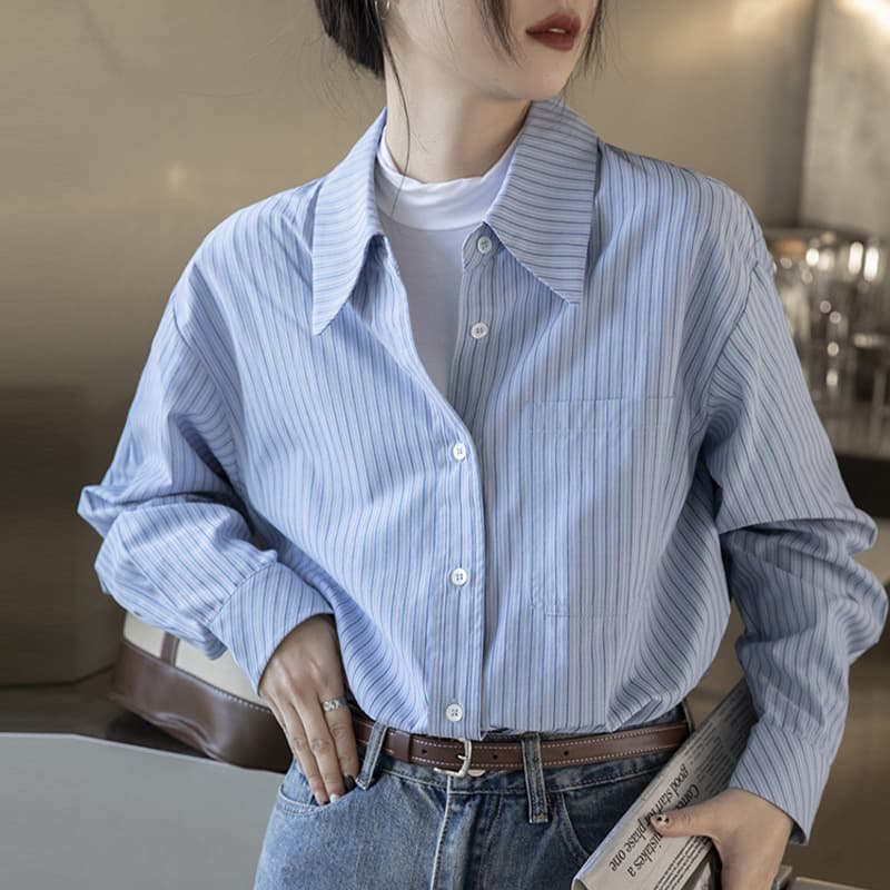 ストライプシャツ 洗練ビッグカラーストライプシャツ